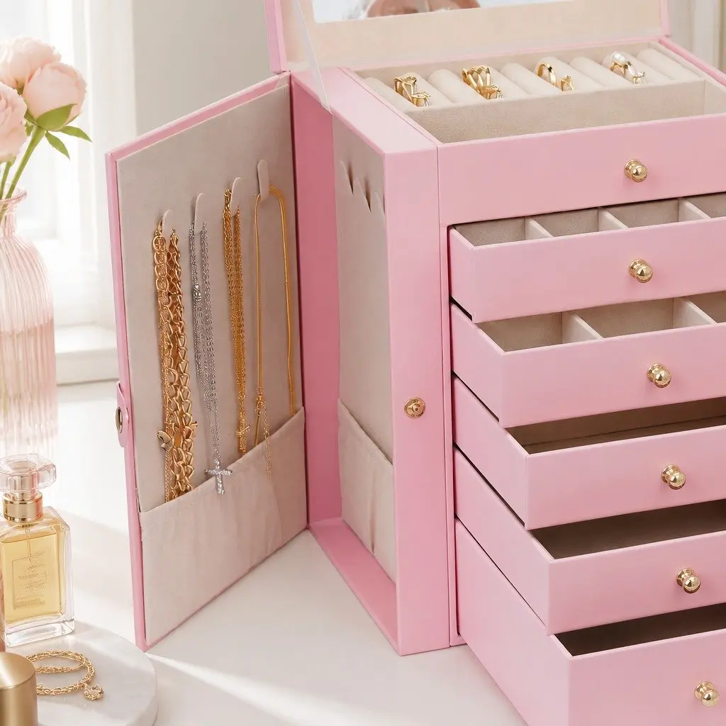 Jewelry Box Pink 6-Layer with Drawers Mirror Lock Necklace Hooks Side Compartments