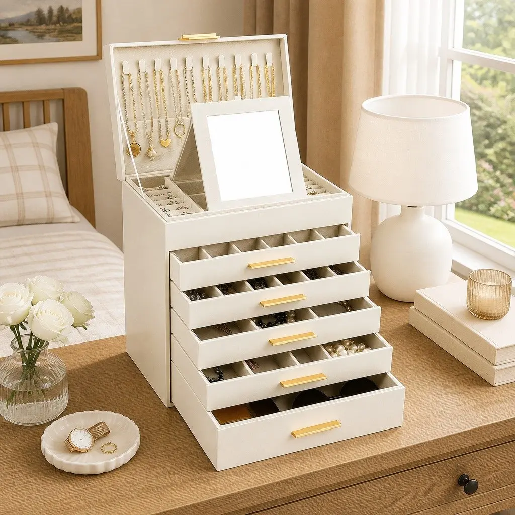 Jewelry Organizer Box White 6 Layer with Mirror Drawers Hooks Dividers for Women Storage