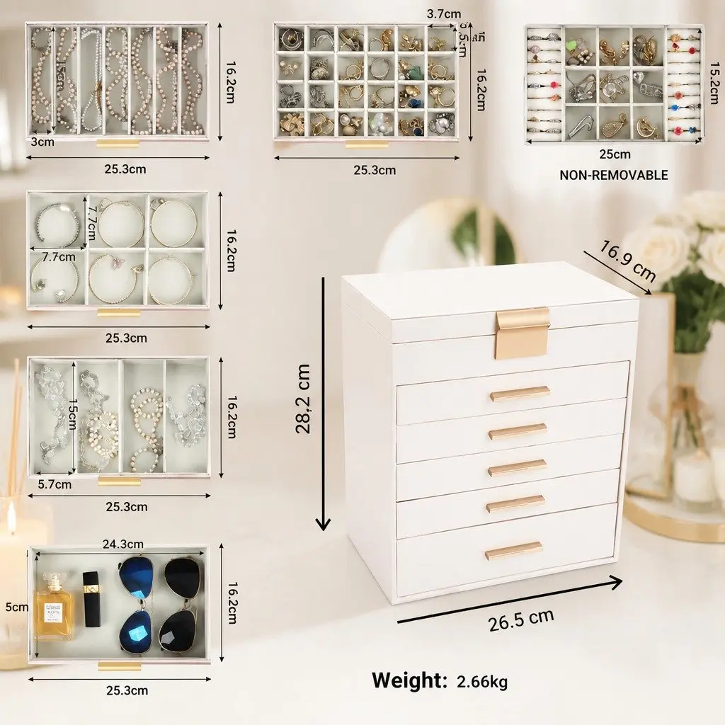 Jewelry Organizer Box White 6 Layer with Mirror Drawers Hooks Dividers for Women Storage