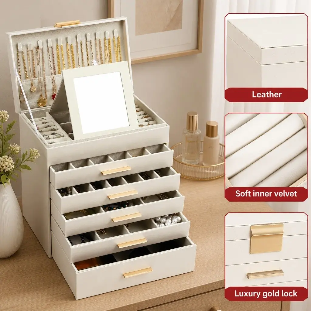 Jewelry Organizer Box White 6 Layer with Mirror Drawers Hooks Dividers for Women Storage