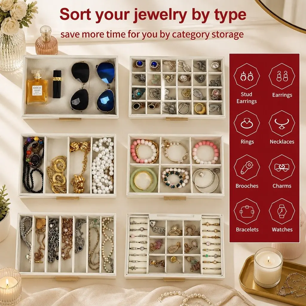 Jewelry Organizer Box White 6 Layer with Mirror Drawers Hooks Dividers for Women Storage