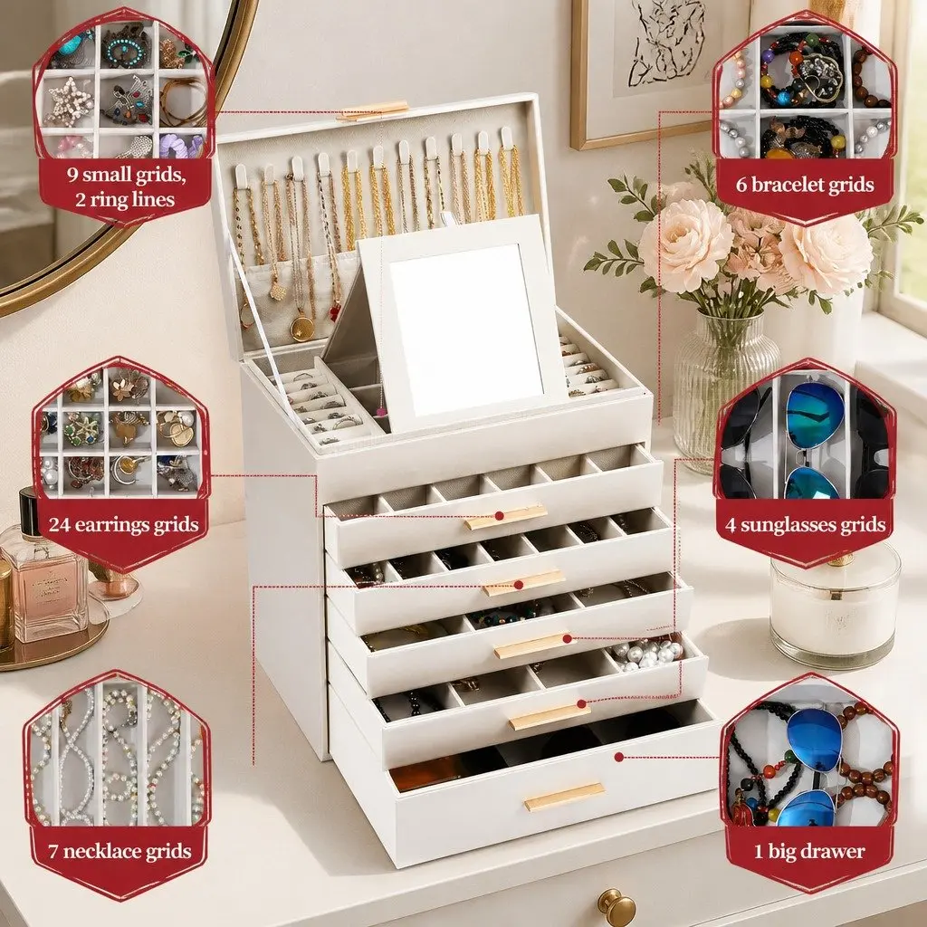 Jewelry Organizer Box White 6 Layer with Mirror Drawers Hooks Dividers for Women Storage
