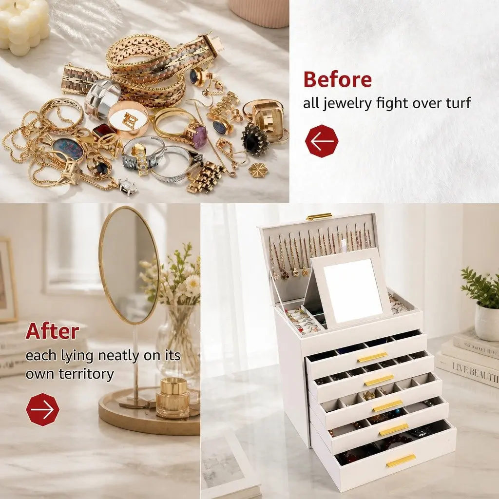 Jewelry Organizer Box White 6 Layer with Mirror Drawers Hooks Dividers for Women Storage