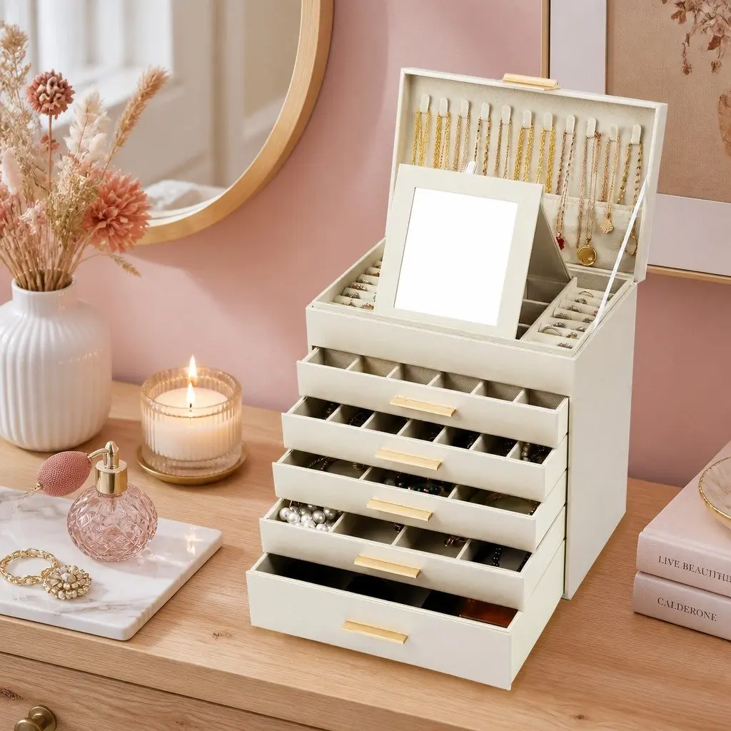 Jewelry Organizer Box White 6 Layer with Mirror Drawers Hooks Dividers for Women Storage