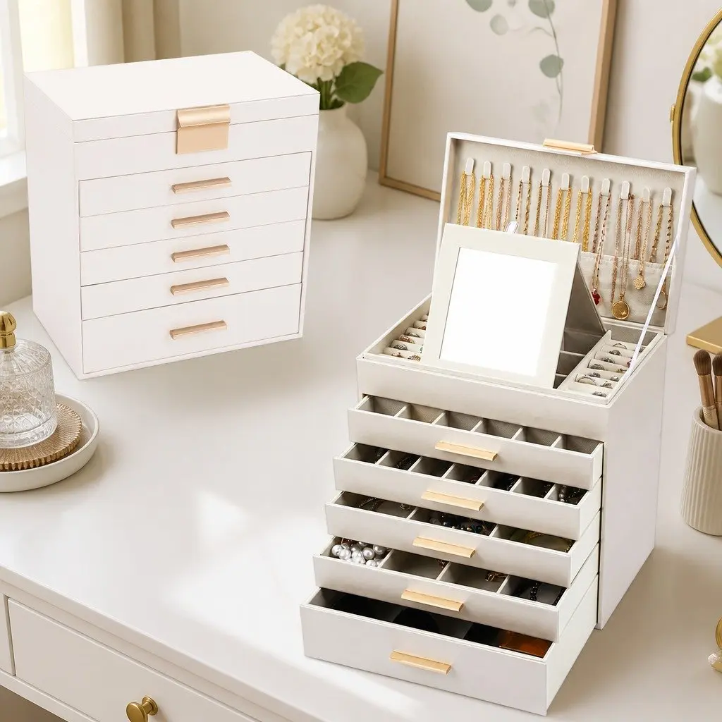 Jewelry Organizer Box White 6 Layer with Mirror Drawers Hooks Dividers for Women Storage