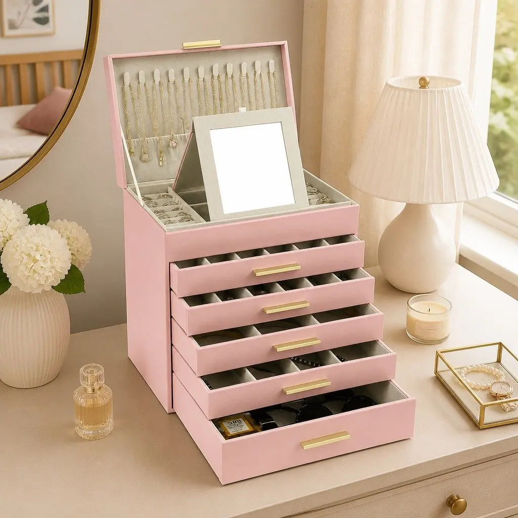 Jewelry Organizer Box Pink 6-Layer Storage with Mirror Drawers Hooks Dividers