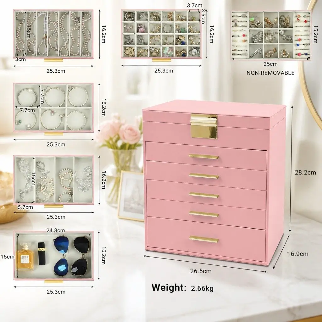 Jewelry Organizer Box Pink 6-Layer Storage with Mirror Drawers Hooks Dividers