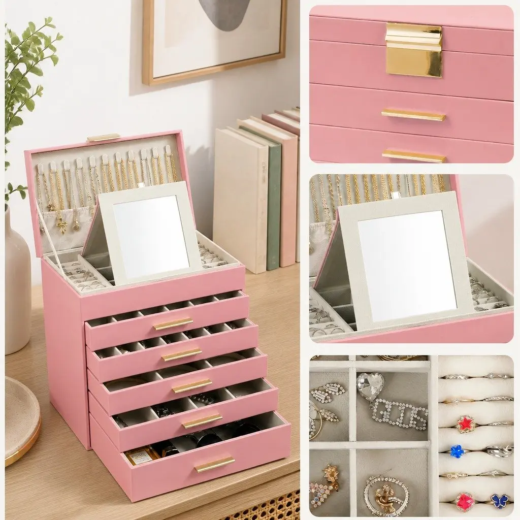 Jewelry Organizer Box Pink 6-Layer Storage with Mirror Drawers Hooks Dividers