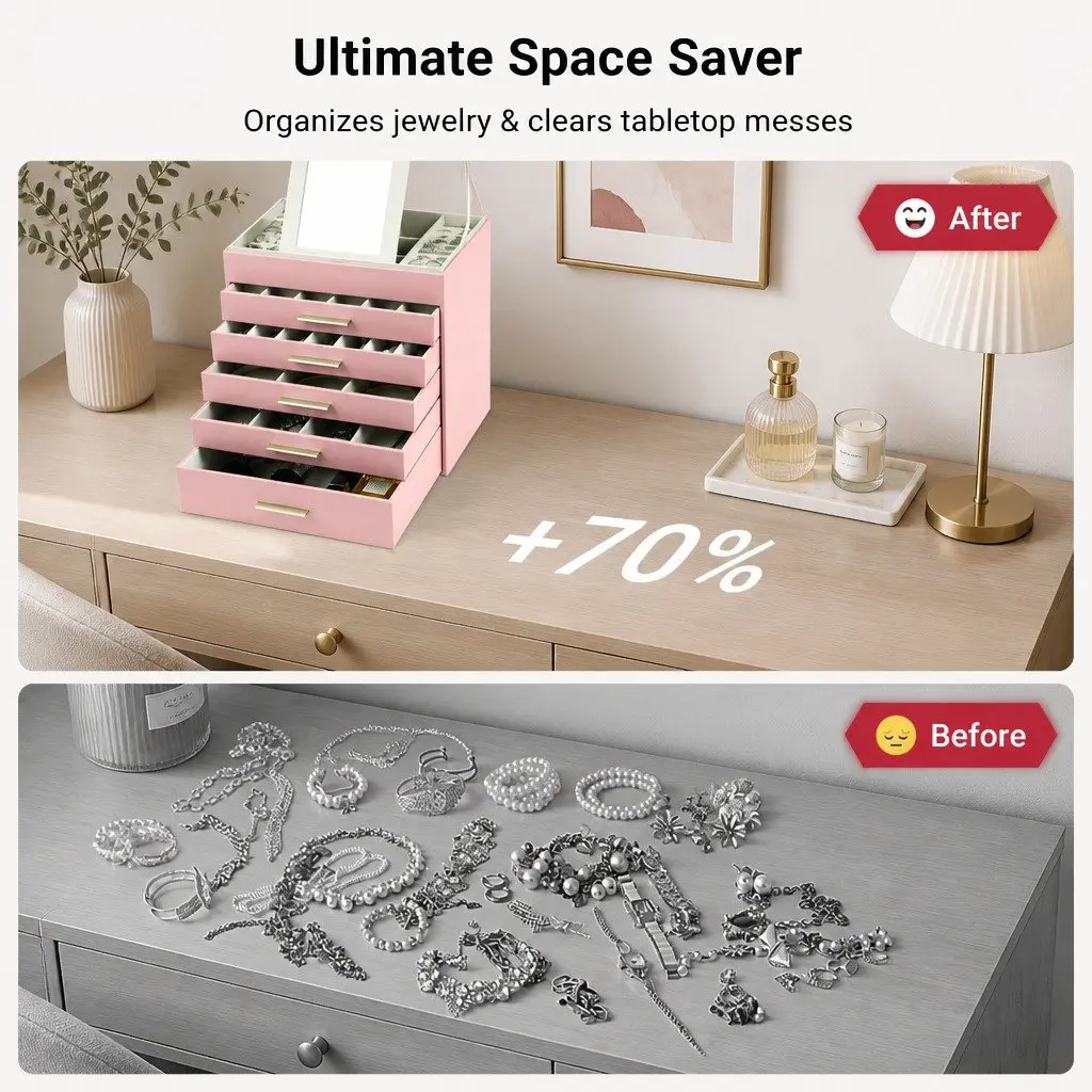 Jewelry Organizer Box Pink 6-Layer Storage with Mirror Drawers Hooks Dividers