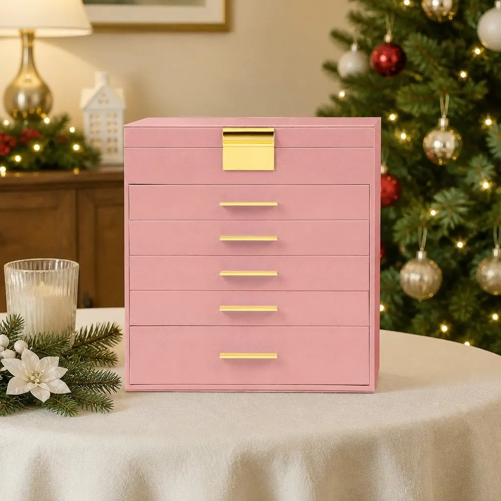 Jewelry Organizer Box Pink 6-Layer Storage with Mirror Drawers Hooks Dividers