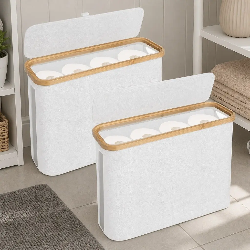 Toilet Paper Storage Basket White 2 Pack Bamboo Lid Handle Water-Repellent Oxford Cloth Bathroom