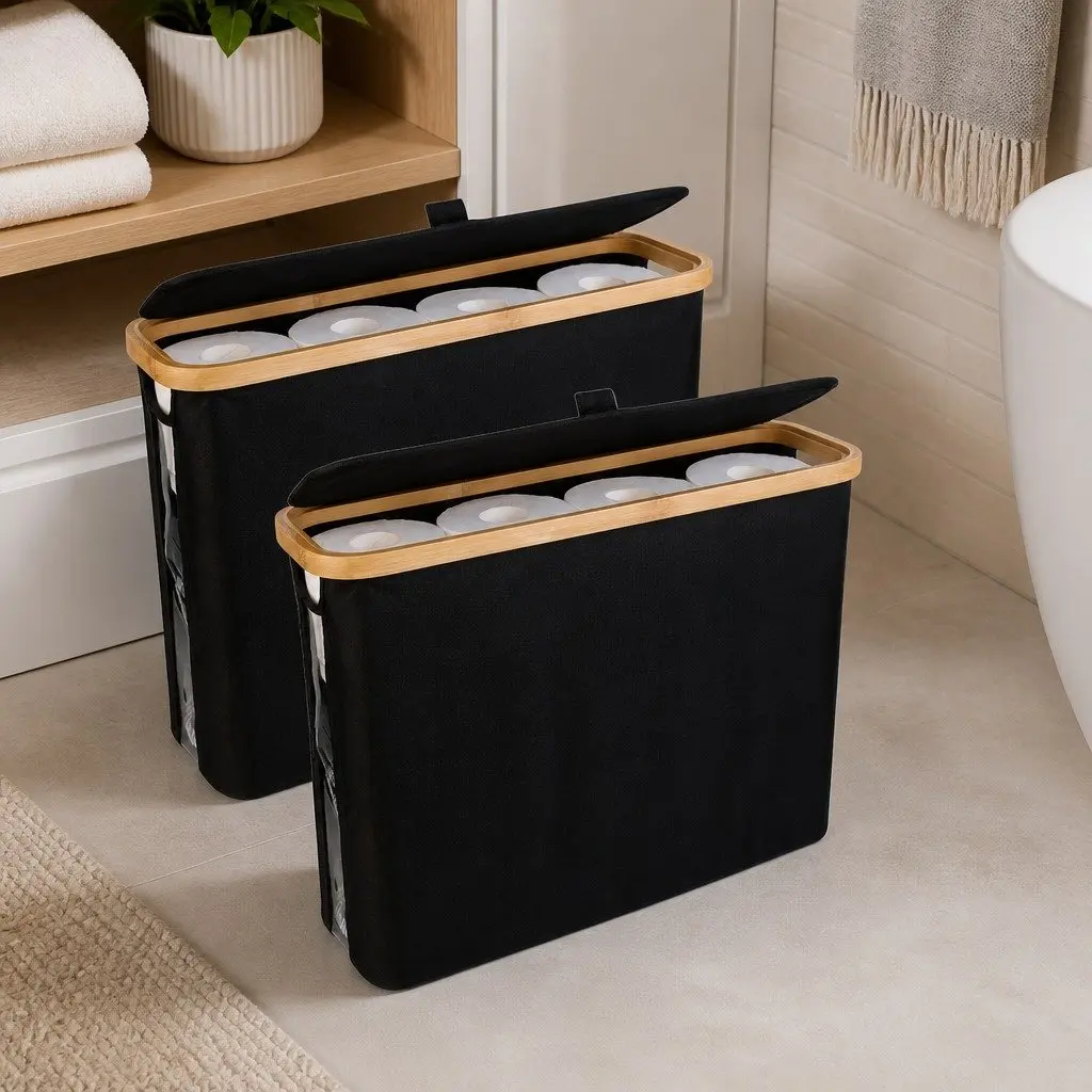 Toilet Paper Storage Basket Black 2 Pack Bamboo Lid Handle Organizer