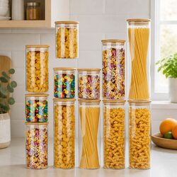 Glass Storage Jars 12 Pack with Bamboo Lids Kitchen Pantry Airtight Containers