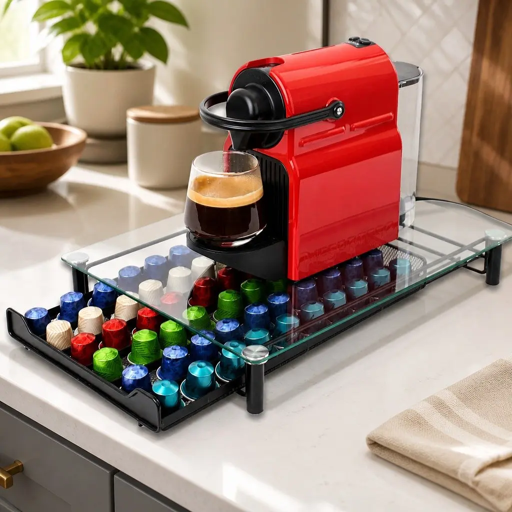 Coffee Pod Holder Drawer Organizer Black 60 Capacity Tempered Glass Kitchen