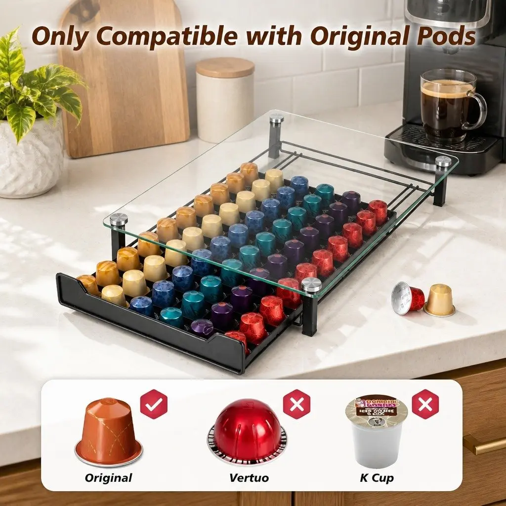 Coffee Pod Holder Drawer Organizer Black 60 Capacity Tempered Glass Kitchen