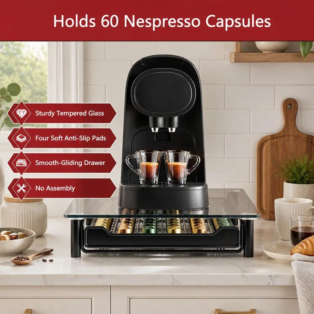 Coffee Pod Holder Drawer Organizer Black 60 Capacity Tempered Glass Kitchen