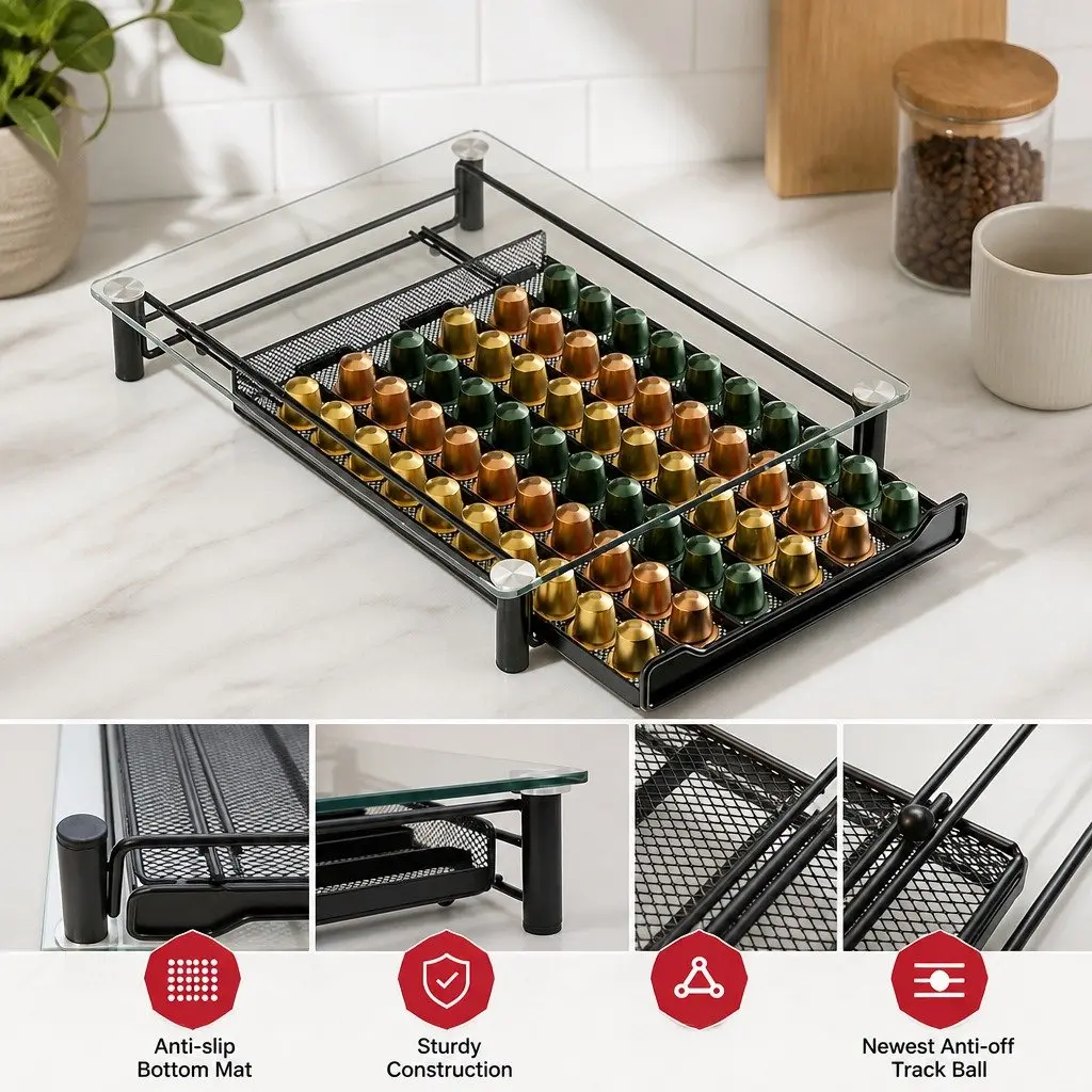 Coffee Pod Holder Drawer Organizer Black 60 Capacity Tempered Glass Kitchen
