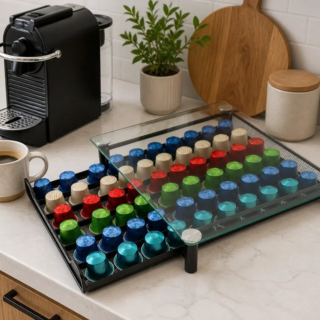 Coffee Pod Holder Drawer Organizer Black 60 Capacity Tempered Glass Kitchen
