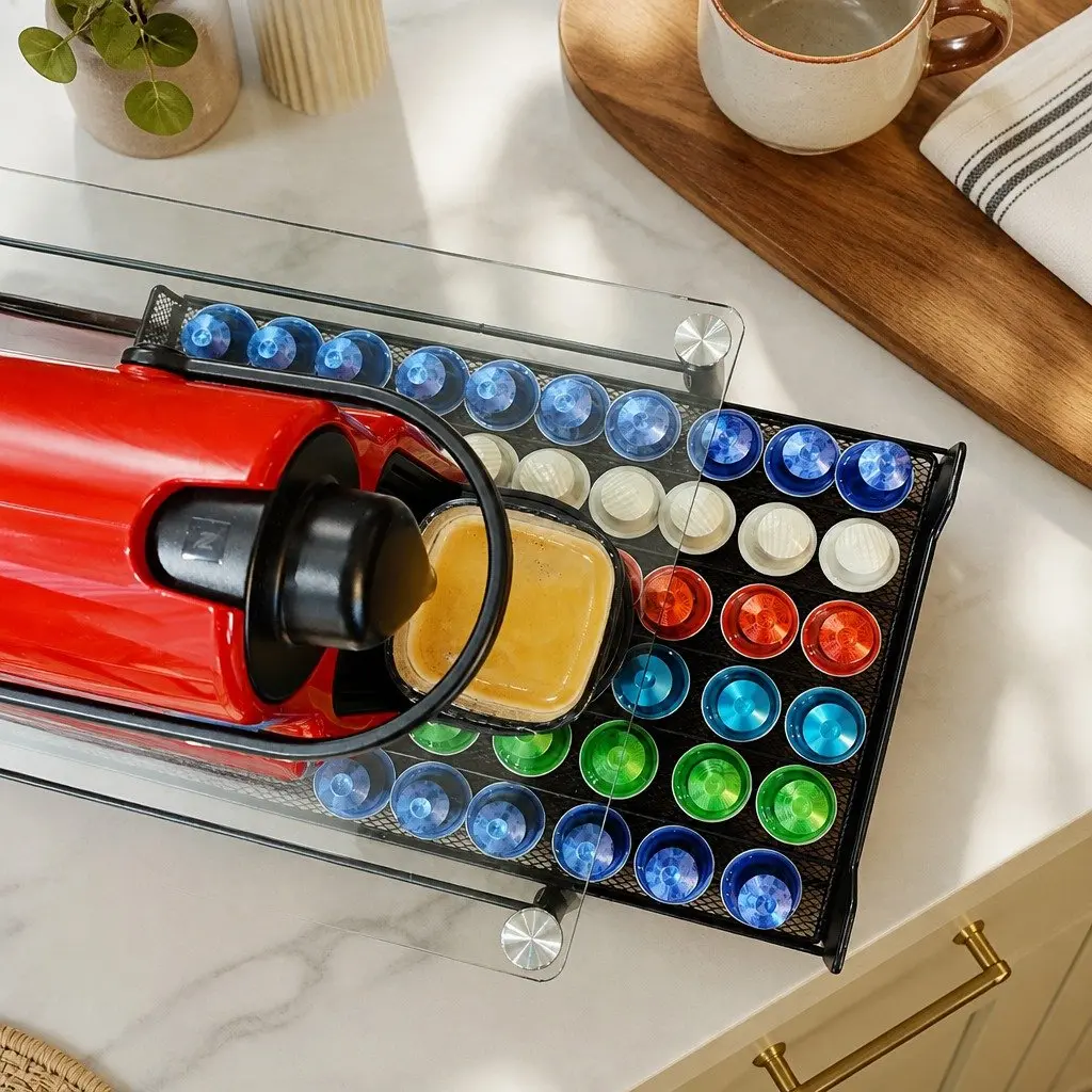 Coffee Pod Holder Drawer Organizer Black 60 Capacity Tempered Glass Kitchen