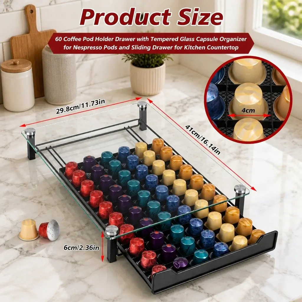 Coffee Pod Holder Drawer Organizer Black 60 Capacity Tempered Glass Kitchen
