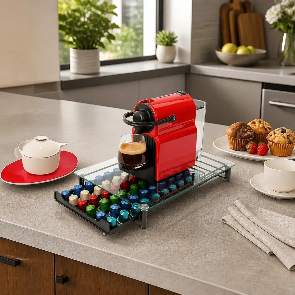Coffee Pod Holder Drawer Organizer Black 60 Capacity Tempered Glass Kitchen