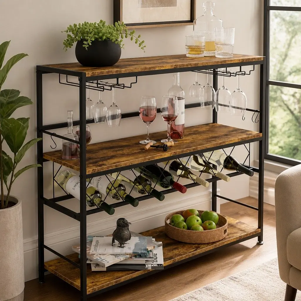 Wine Rack Metal Frame Wood Countertop Large 20 Bottle Storage