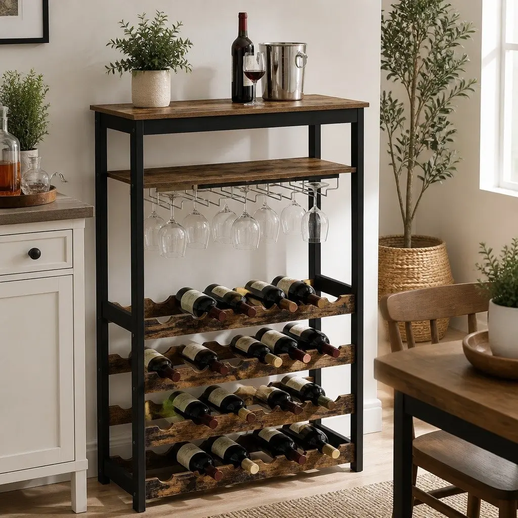 Wine Rack Metal Frame Wood Countertop 24 Bottles 10 Glasses Freestanding Storage