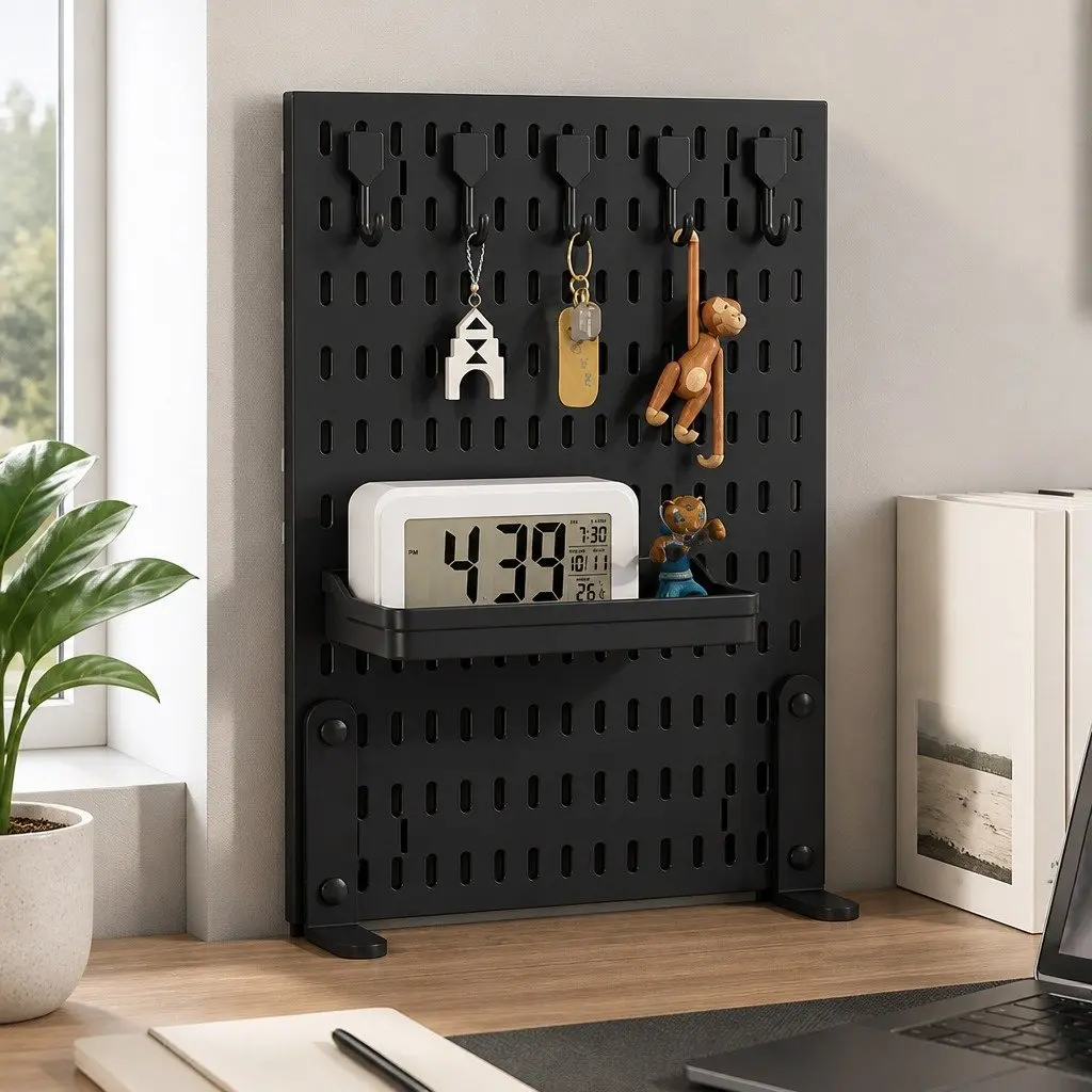 Desk Pegboard Organizer Kit Black Modular Grid Customizable with Hooks and Tray
