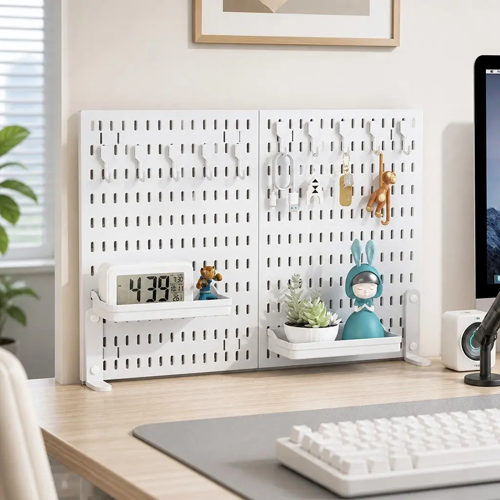 Desk Pegboard Organizer White 2 Pack Modular System with Hooks and Tray for Office Gaming Workspace