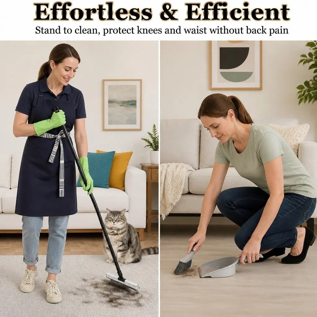 Pet Hair Remover Broom Long Handle 2-in-1 Cleaning Head for Carpets Hard Floors and Upholstered Surfaces