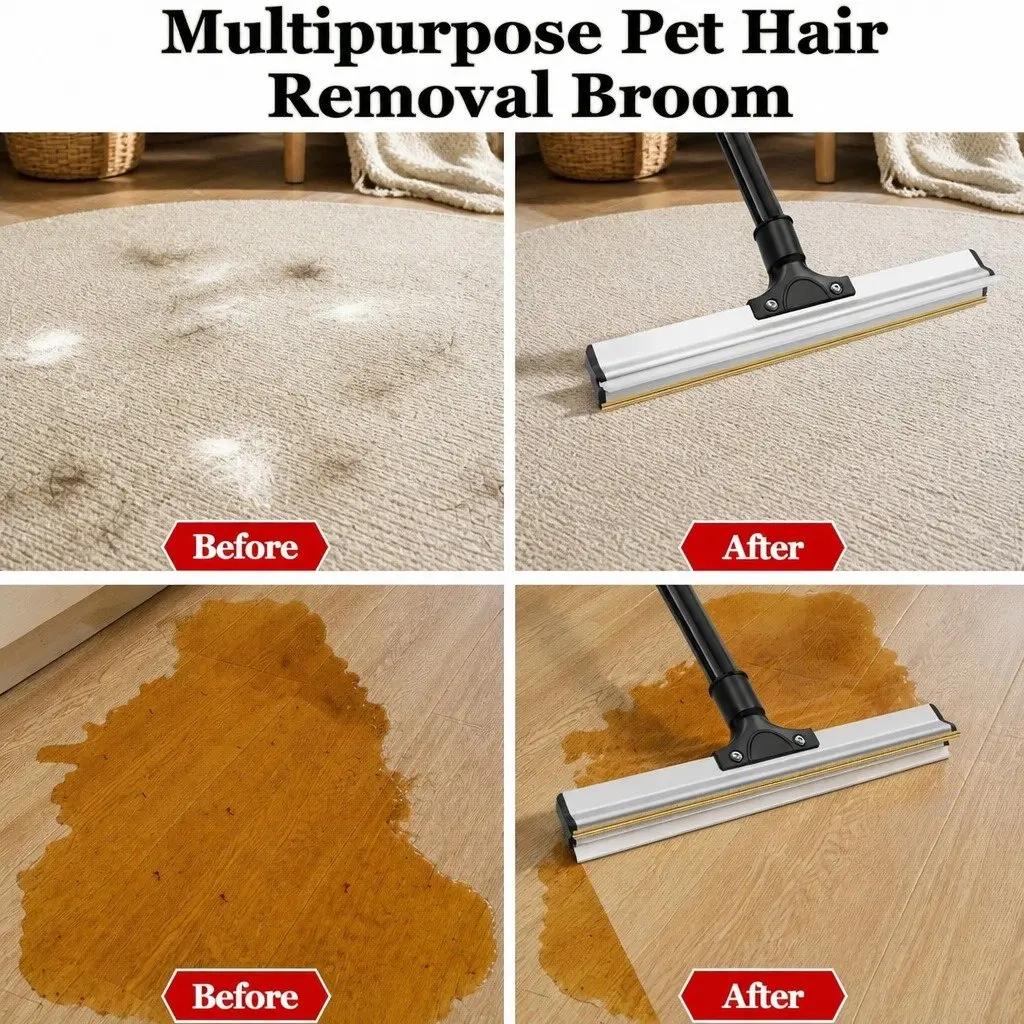 Pet Hair Remover Broom Long Handle 2-in-1 Cleaning Head for Carpets Hard Floors and Upholstered Surfaces