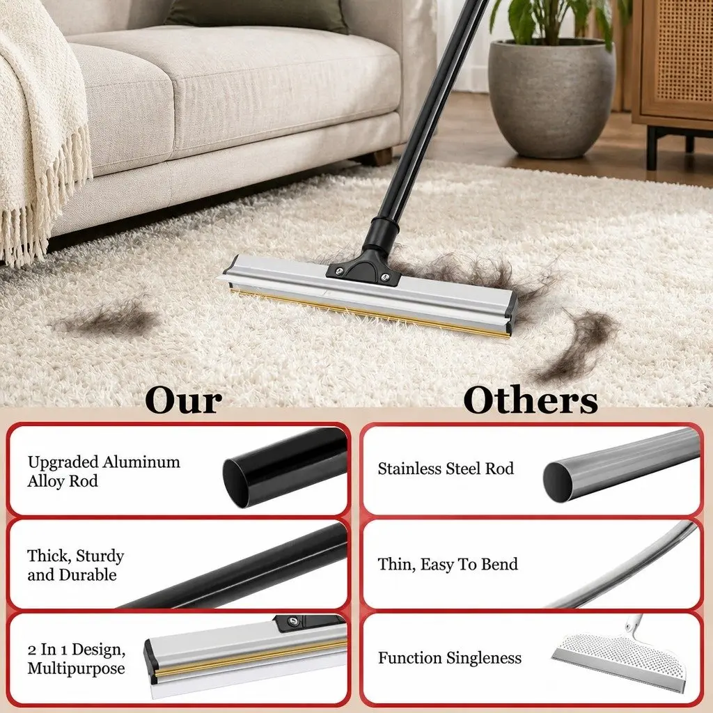 Pet Hair Remover Broom Long Handle 2-in-1 Cleaning Head for Carpets Hard Floors and Upholstered Surfaces