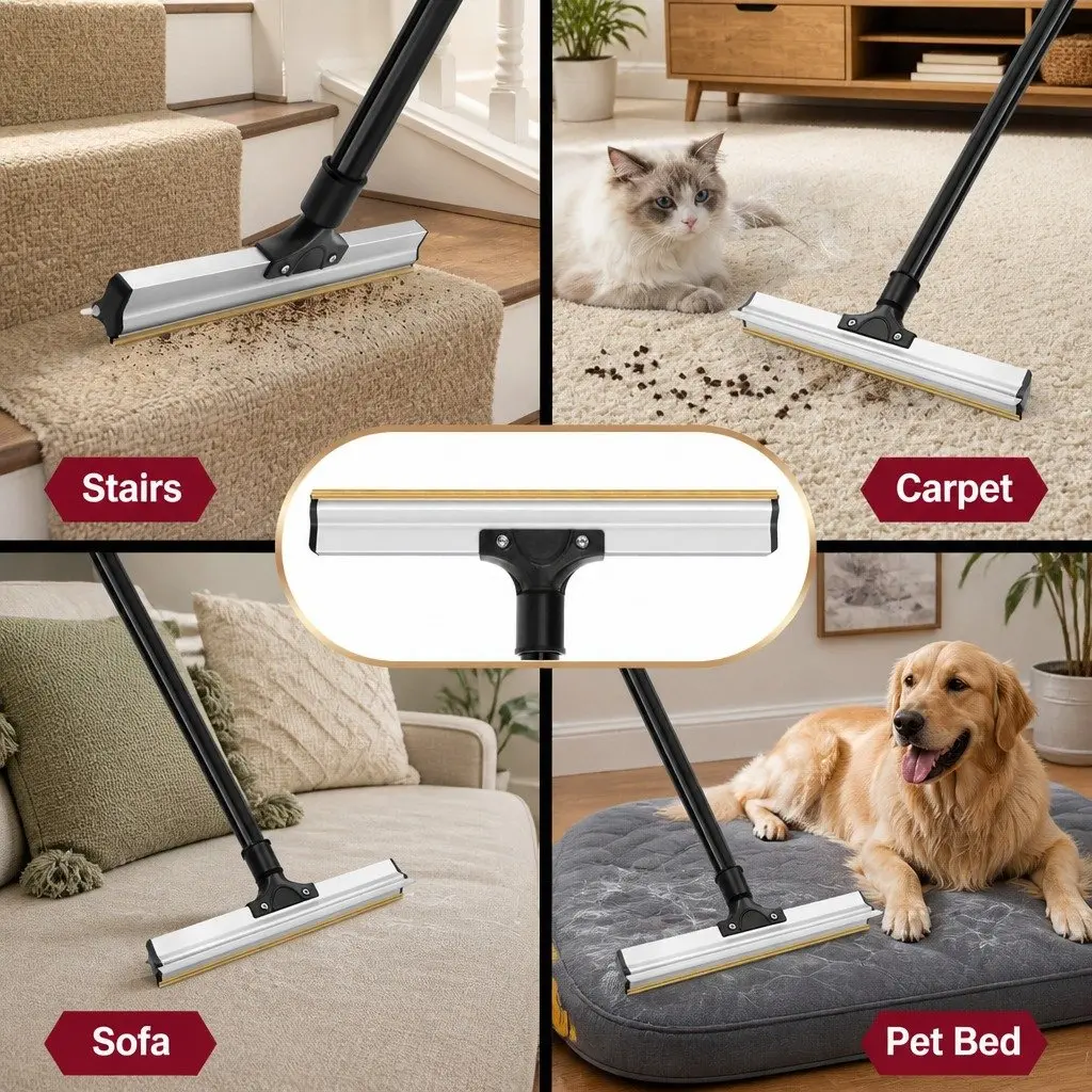 Pet Hair Remover Broom Long Handle 2-in-1 Cleaning Head for Carpets Hard Floors and Upholstered Surfaces