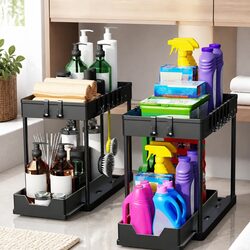 Under Sink Organizer 2 Pack Pull-Out Basket Hooks Bathroom Kitchen Storage