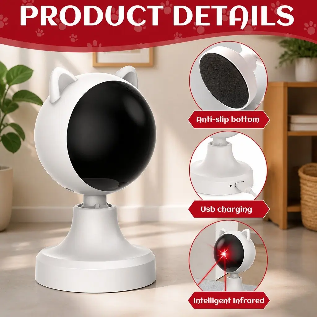 USB Rechargeable Cat Laser Toy Adjustable Angle 2 Speed Settings Interactive Automatic Play