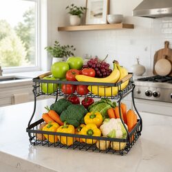 2-Tier Metal Fruit Basket Kitchen Counter Storage Organizer with Wooden Handles