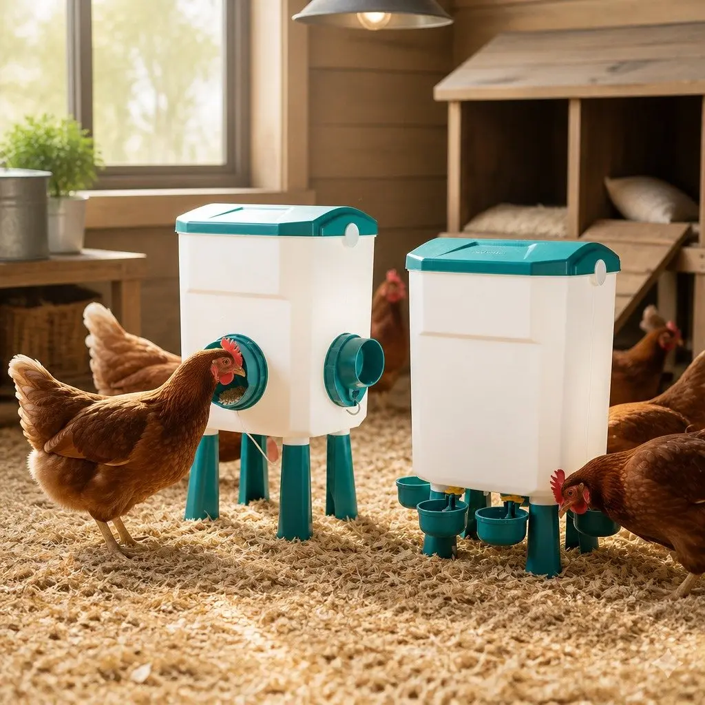 Automatic Chicken Feeder Waterer Set Blue 8KG Food 7L Water Capacity Gravity Fed System