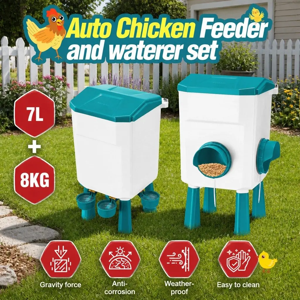Automatic Chicken Feeder Waterer Set Blue 8KG Food 7L Water Capacity Gravity Fed System