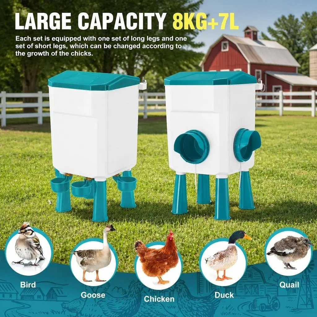 Automatic Chicken Feeder Waterer Set Blue 8KG Food 7L Water Capacity Gravity Fed System