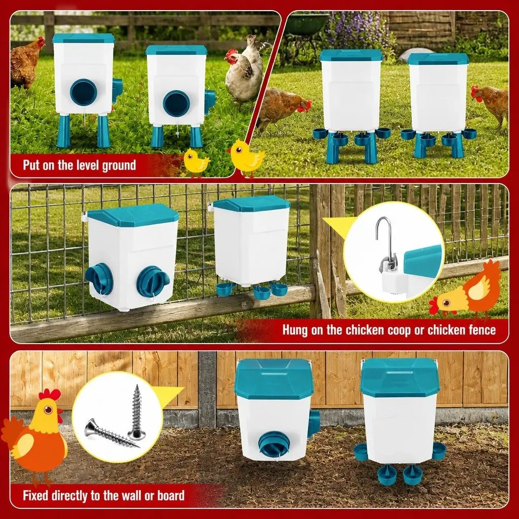 Automatic Chicken Feeder Waterer Set Blue 8KG Food 7L Water Capacity Gravity Fed System