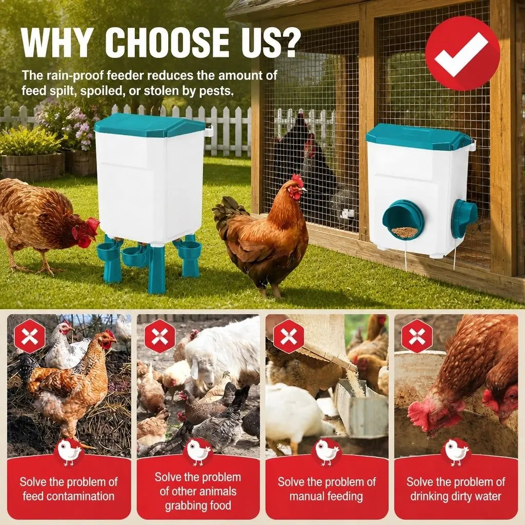 Automatic Chicken Feeder Waterer Set Blue 8KG Food 7L Water Capacity Gravity Fed System