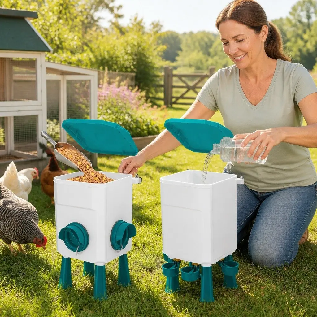 Automatic Chicken Feeder Waterer Set Blue 8KG Food 7L Water Capacity Gravity Fed System