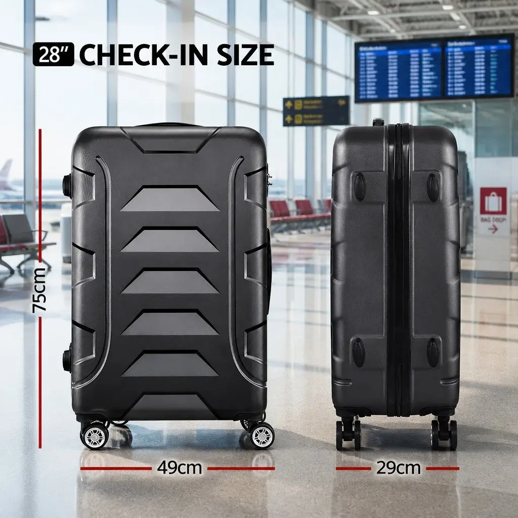 28 Inch Hard Shell Luggage Black Lightweight TSA Lock Spinner Wheels