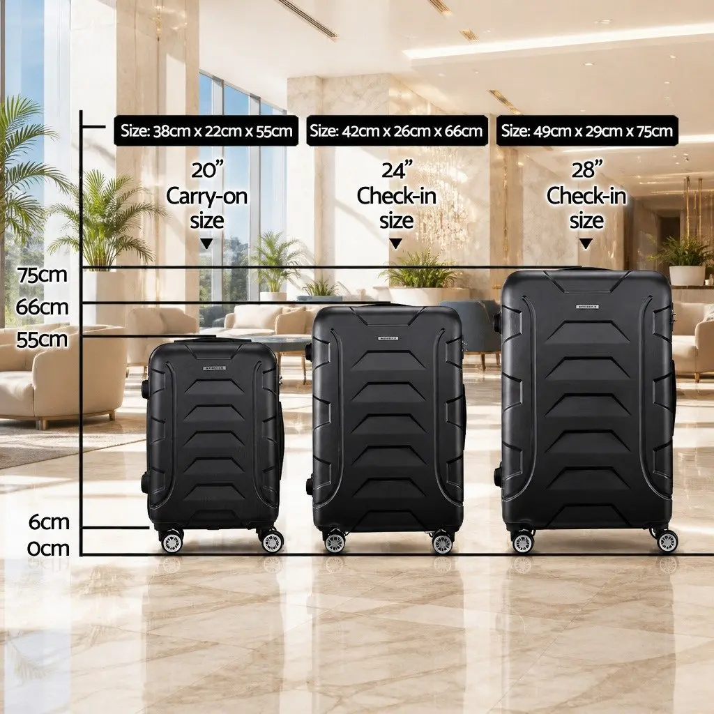 3 Piece Luggage Set Black 20-24-28 Inch Hard Shell Suitcase Spinner Wheels