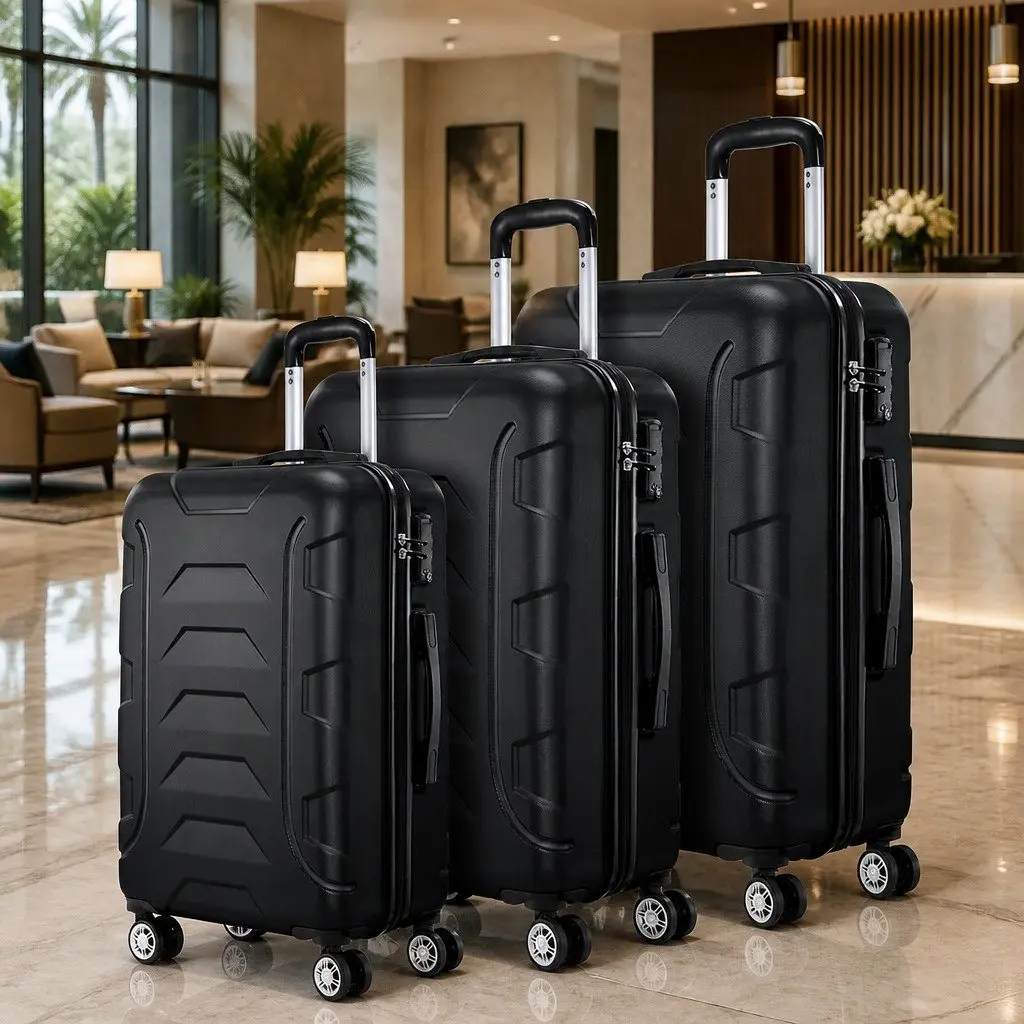 3 Piece Luggage Set Black 20-24-28 Inch Hard Shell Suitcase Spinner Wheels