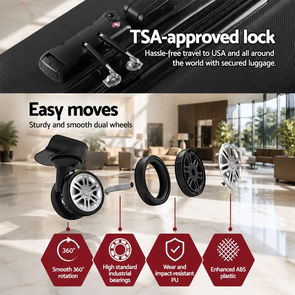3 Piece Luggage Set Black 20-24-28 Inch Hard Shell Suitcase Spinner Wheels