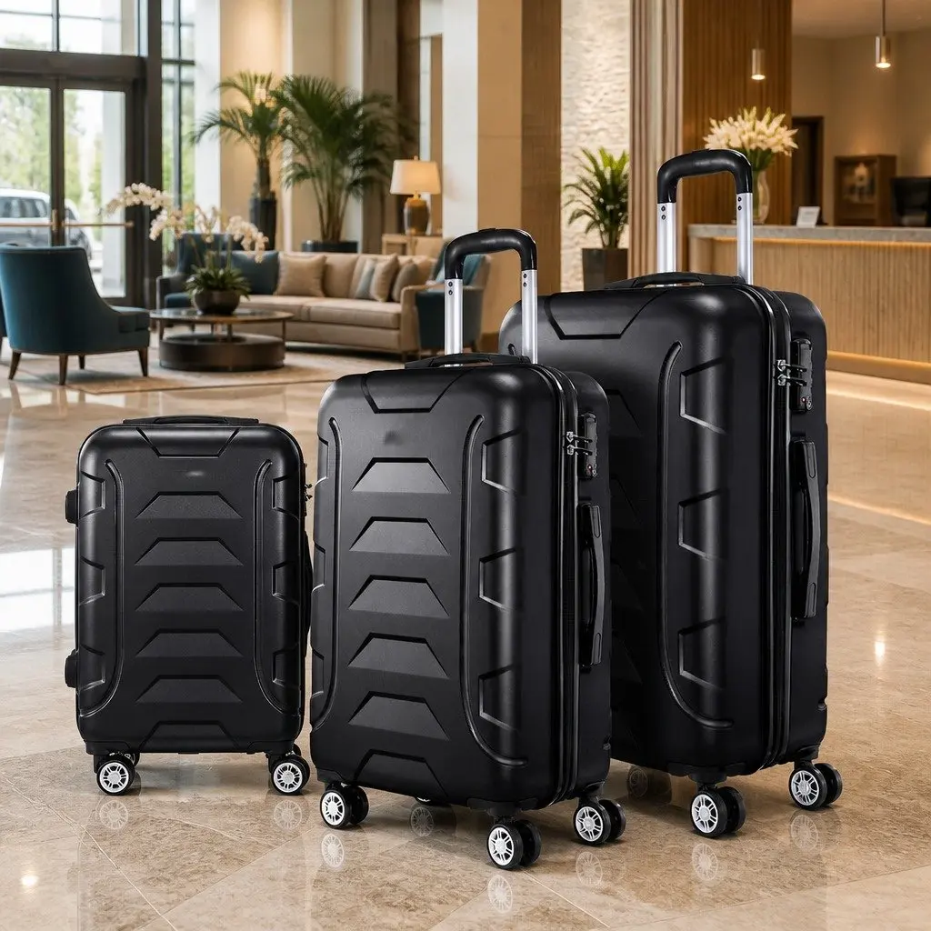 3 Piece Luggage Set Black 20-24-28 Inch Hard Shell Suitcase Spinner Wheels