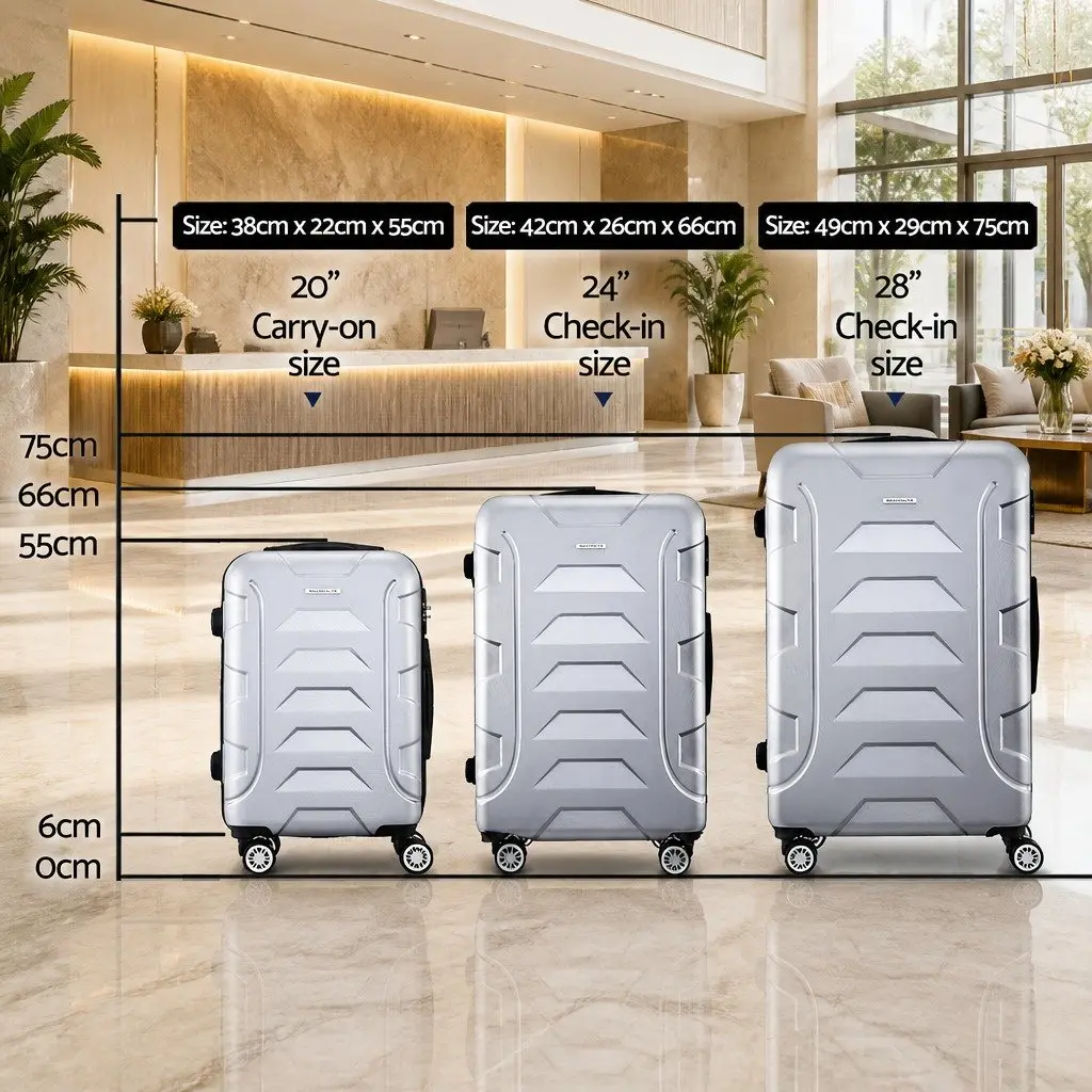 3 Piece Luggage Set Silver 20 24 28 Inch Hard Shell Suitcase TSA Lock Spinner Wheels