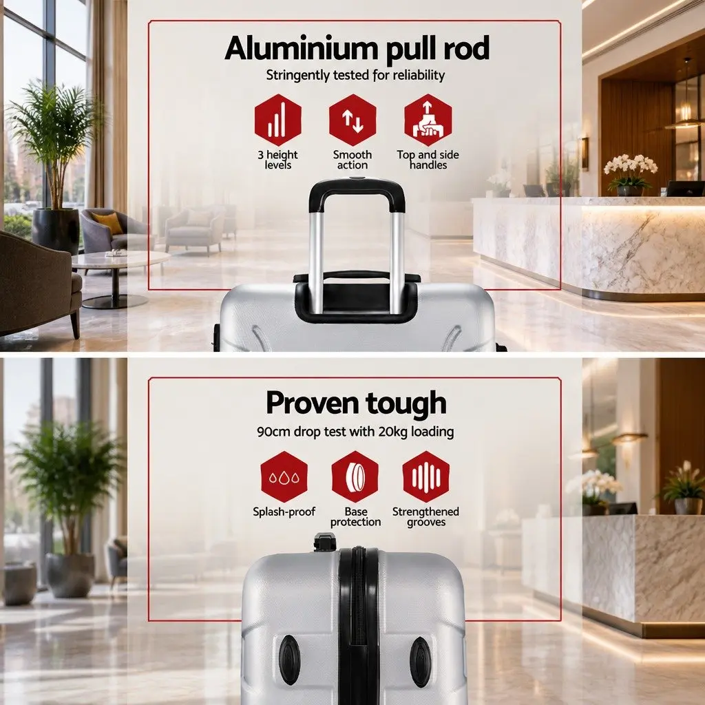 3 Piece Luggage Set Silver 20 24 28 Inch Hard Shell Suitcase TSA Lock Spinner Wheels