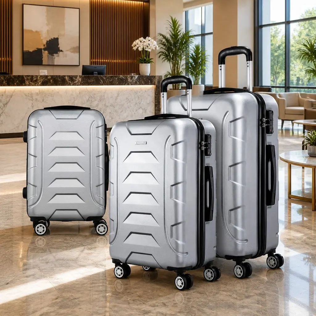 3 Piece Luggage Set Silver 20 24 28 Inch Hard Shell Suitcase TSA Lock Spinner Wheels